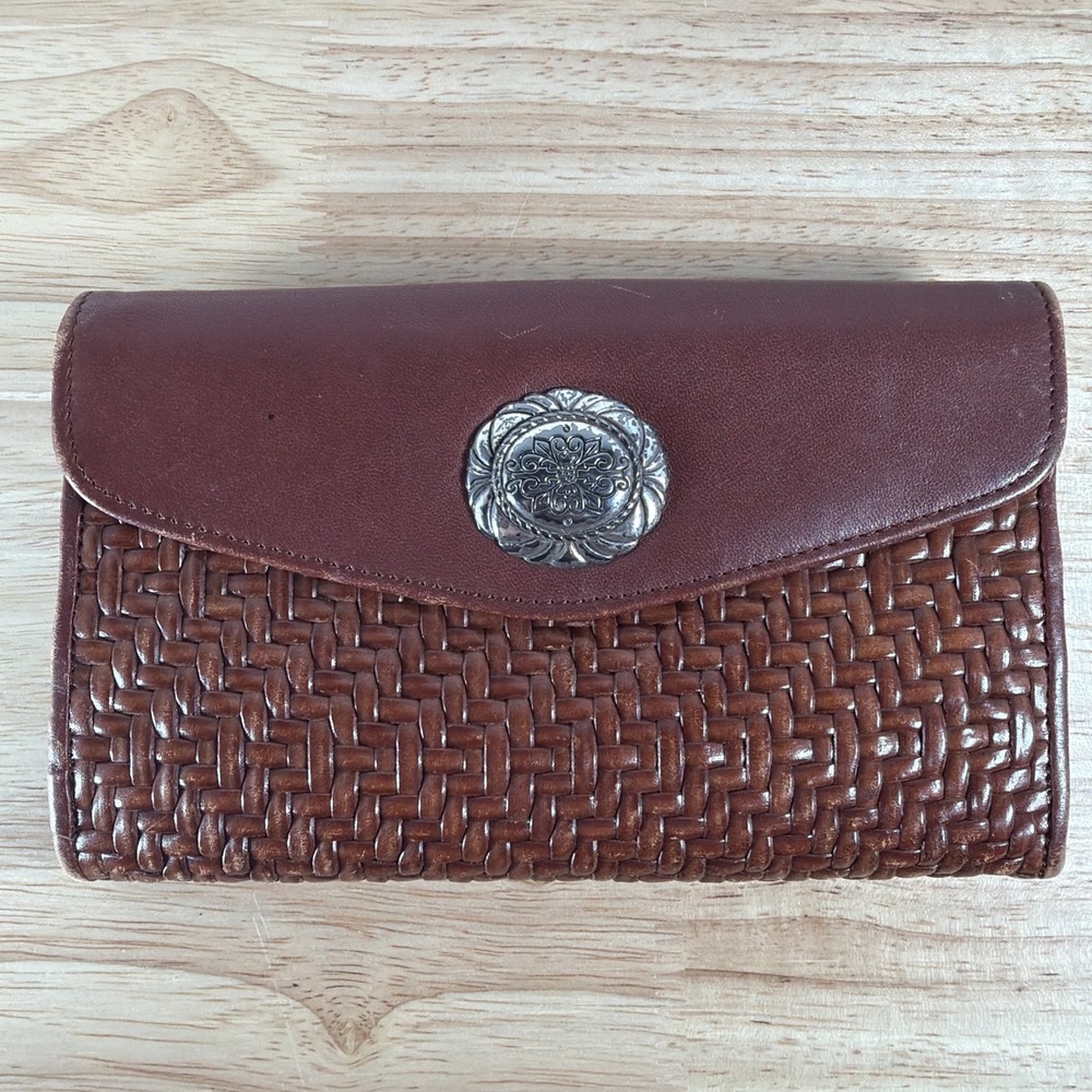 Brighton Woven Leather Wallet With Check Book Brown Silver Metal Design